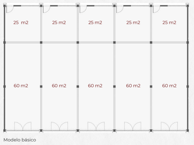 Propuesta de distribución modular con locales de 60 metros cuadrados y espacios de 25 metros cuadrados
